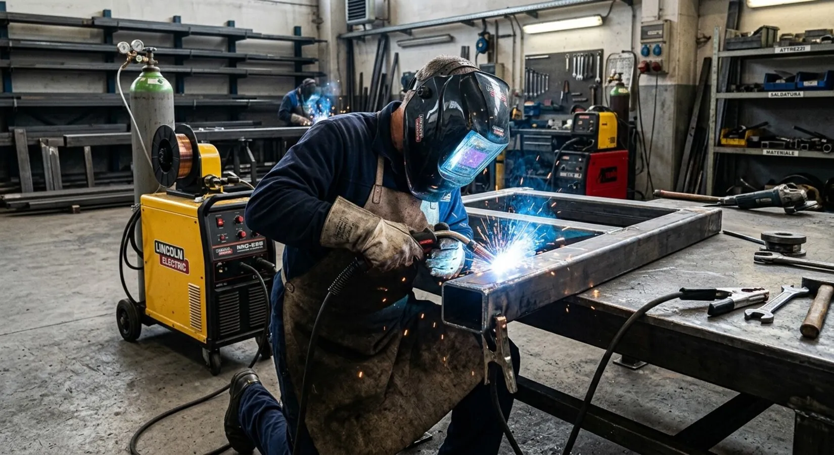 Saldatura MIG di un telaio metallico in officina